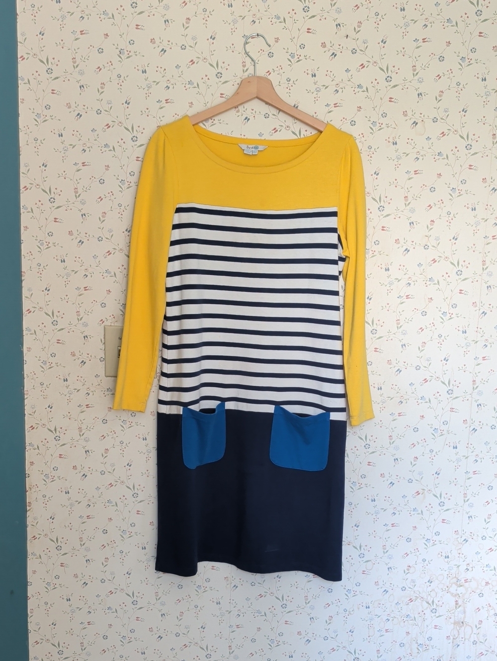 Boden Striped Navy Yellow Long-Sleeve Shift Dress Blue Pockets 12L Block Vintage